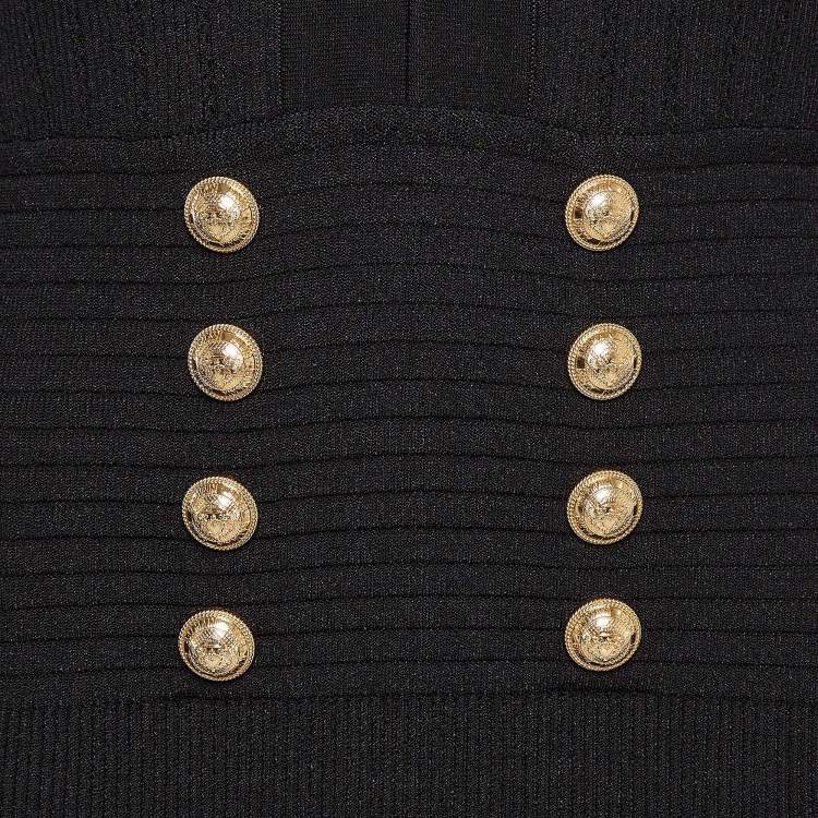 Pre Owned Balmain Black Pinhole Patterned Knit Zip-Up Full Sleeves Bodycon Dress L