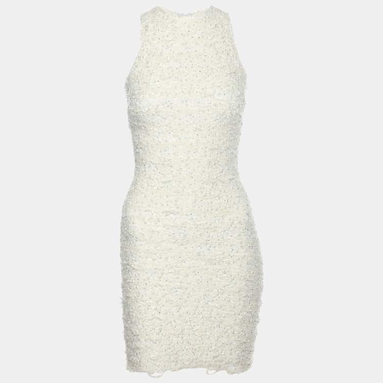 Pre Owned Balmain Cream Textured Nylon Blend Pearl Detail Midi Dress XS