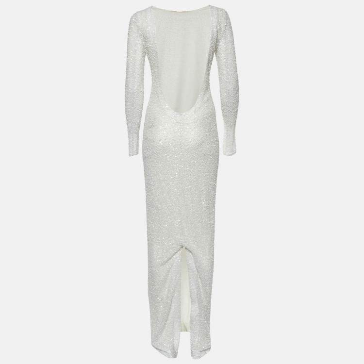 Pre Owned Balmain White Sequin & Bead Embellished Mesh Gown S