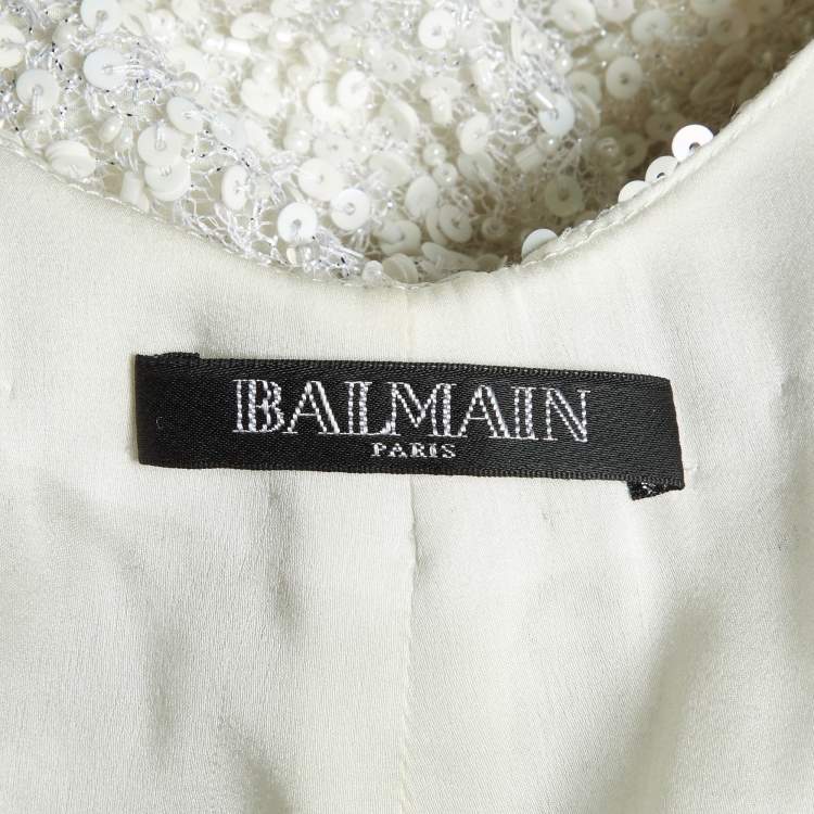 Pre Owned Balmain White Sequin & Bead Embellished Mesh Gown S