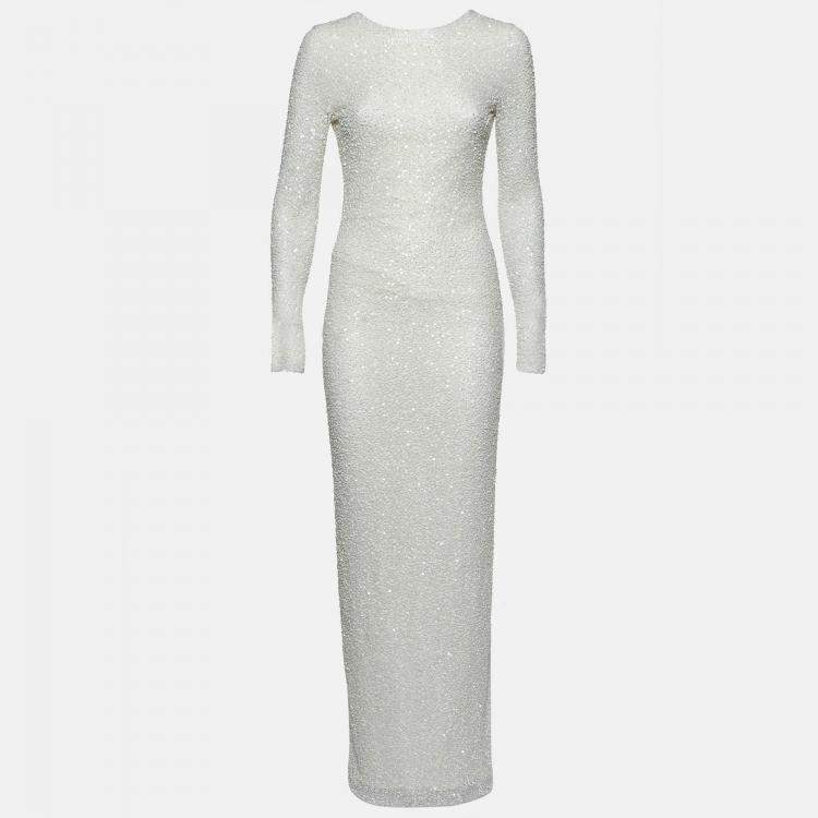 Pre Owned Balmain White Sequin & Bead Embellished Mesh Gown S