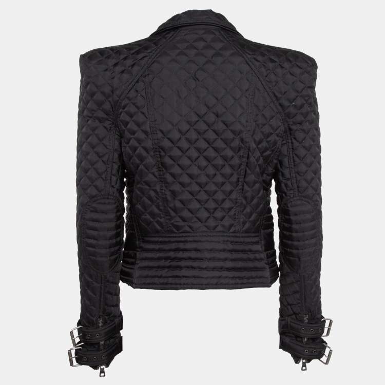 Pre Owned Balmain Black Synthetic Quilted Biker Jacket L