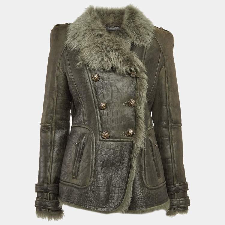 Pre Owned Balmain Green Genuine Leather Double Breasted Fur Collar Jacket L