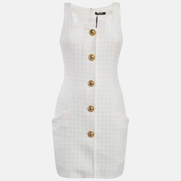 Pre Owned Balmain White Bouclé Tweed Button Detail Mini Dress S