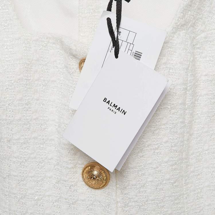 Pre Owned Balmain White Bouclé Tweed Button Detail Mini Dress S