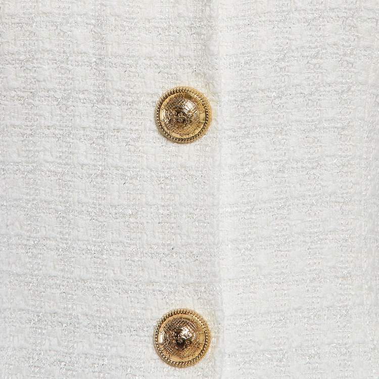 Pre Owned Balmain White Bouclé Tweed Button Detail Mini Dress S