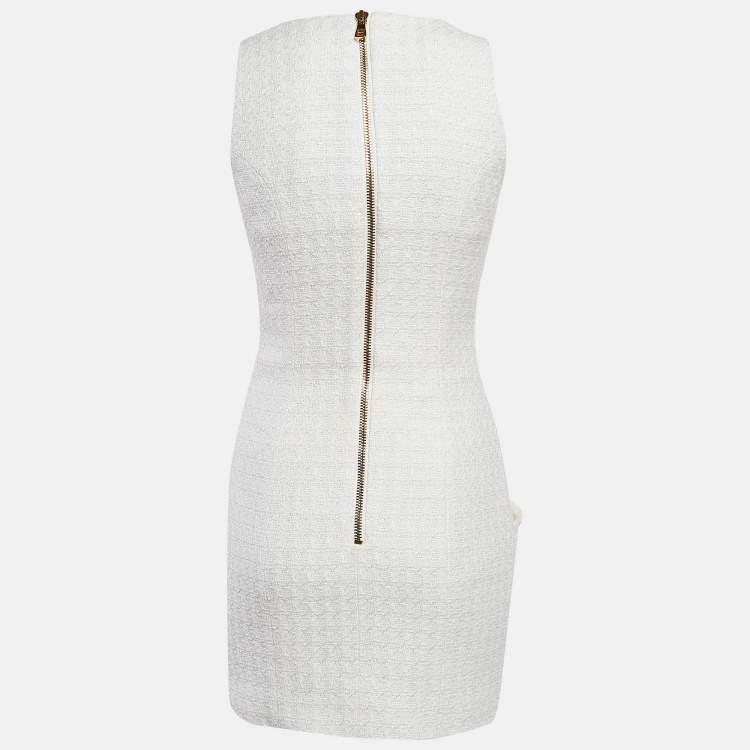 Pre Owned Balmain White Bouclé Tweed Button Detail Mini Dress S