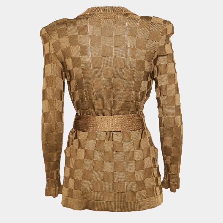 Pre Owned Balmain Brown Woven Pattern Jersey Open Front Belted Cardigan S