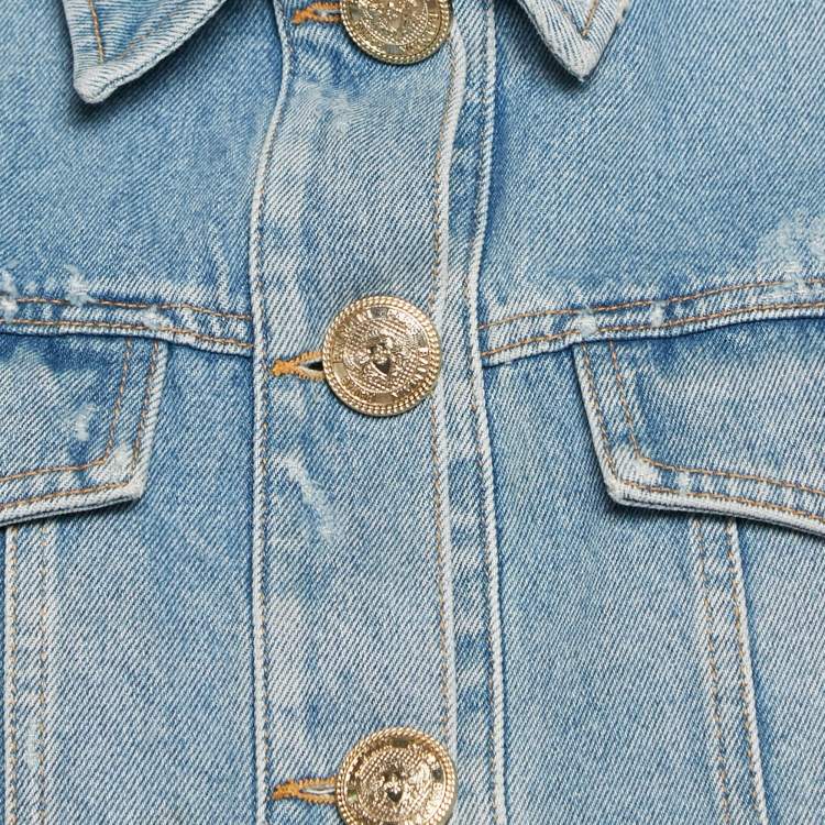 Pre Owned Balmain Blue Distressed Denim Raw Edge Crop Jacket S