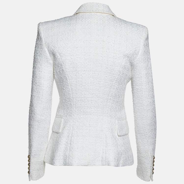 Pre Owned Balmain White Tweed Double Breasted Blazer S