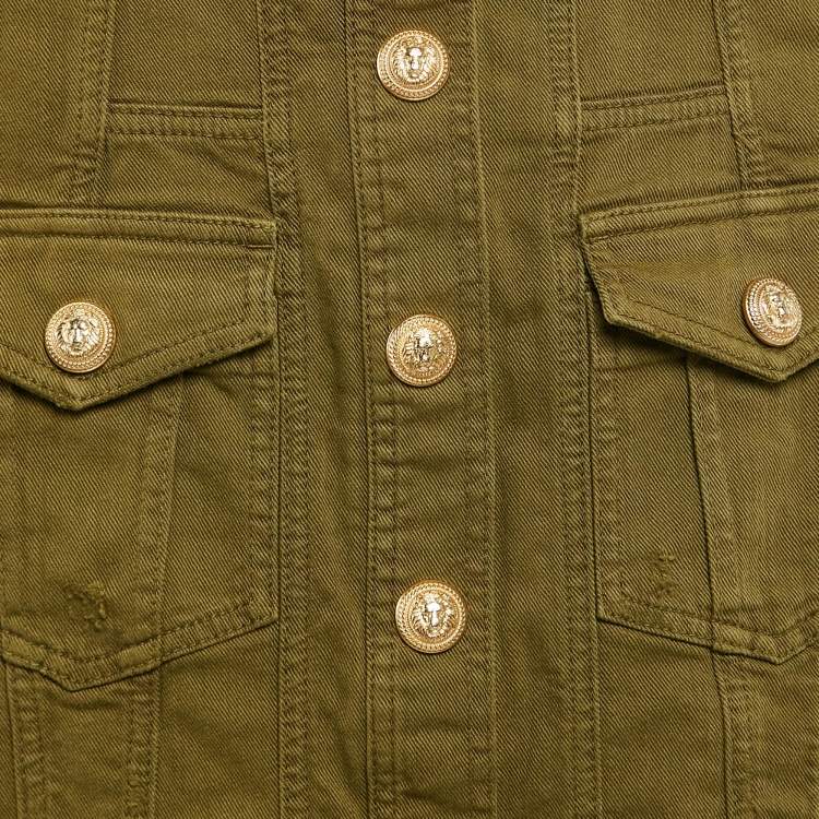 Pre Owned Balmain Olive Green Distressed Denim Accents Mini Skirt S