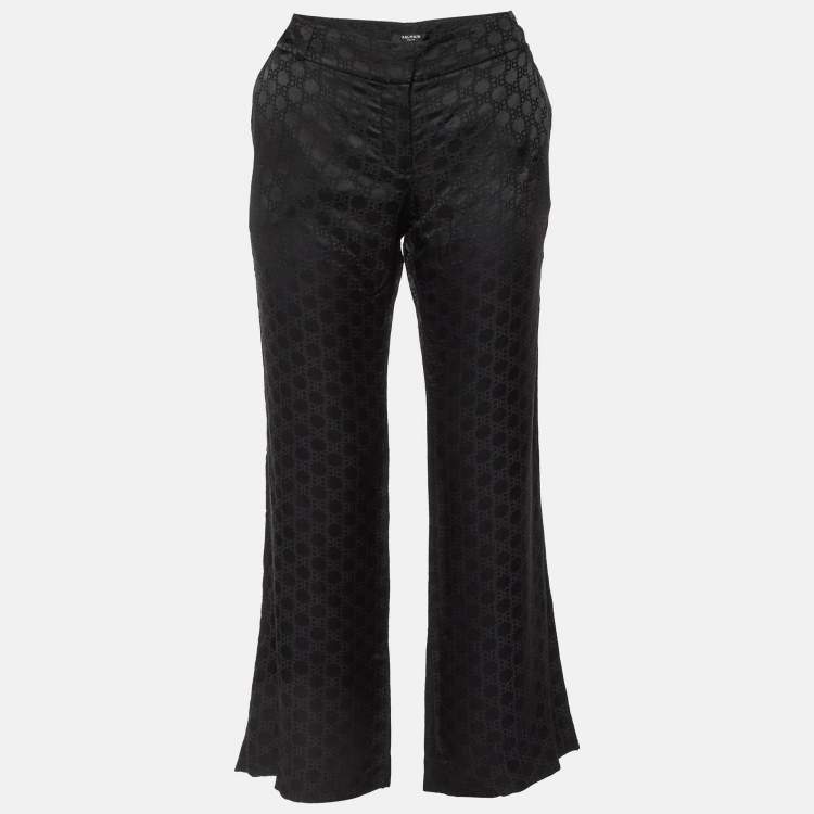 Pre Owned Balmain Black Logo Jacquard Silk Blend Palazzo Pants L