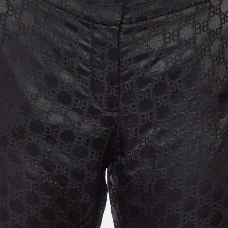Pre Owned Balmain Black Logo Jacquard Silk Blend Palazzo Pants L