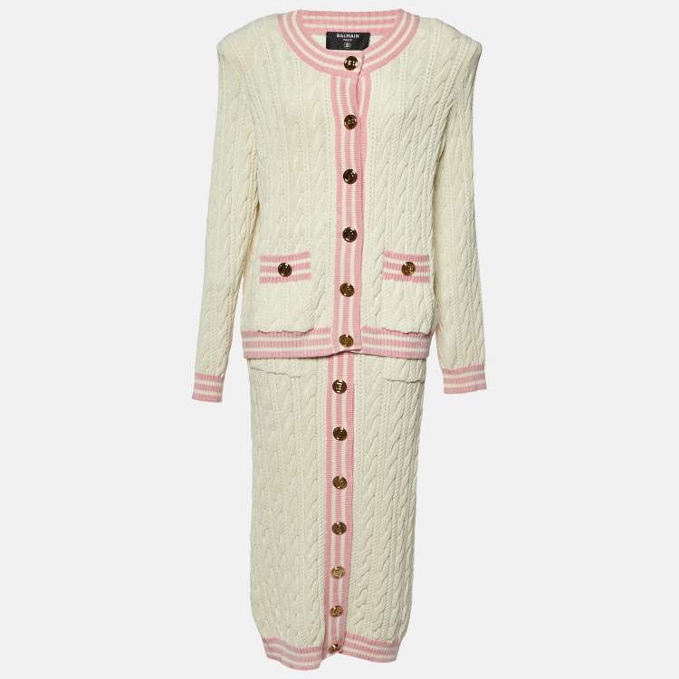 Pre Owned Balmain White Cable Knit Button Front Skirt & Cardigan Set L