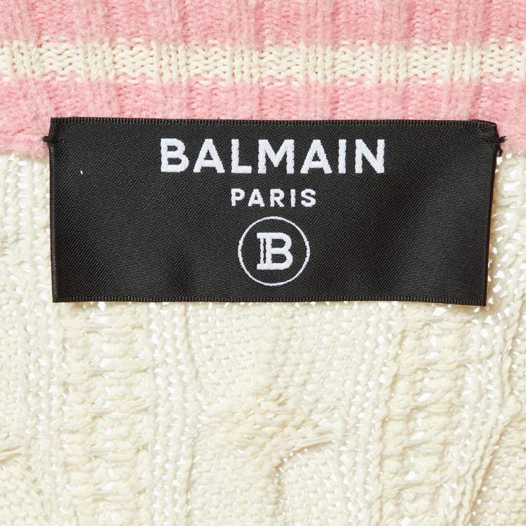 Pre Owned Balmain White Cable Knit Button Front Skirt & Cardigan Set L