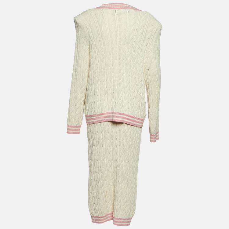 Pre Owned Balmain White Cable Knit Button Front Skirt & Cardigan Set L