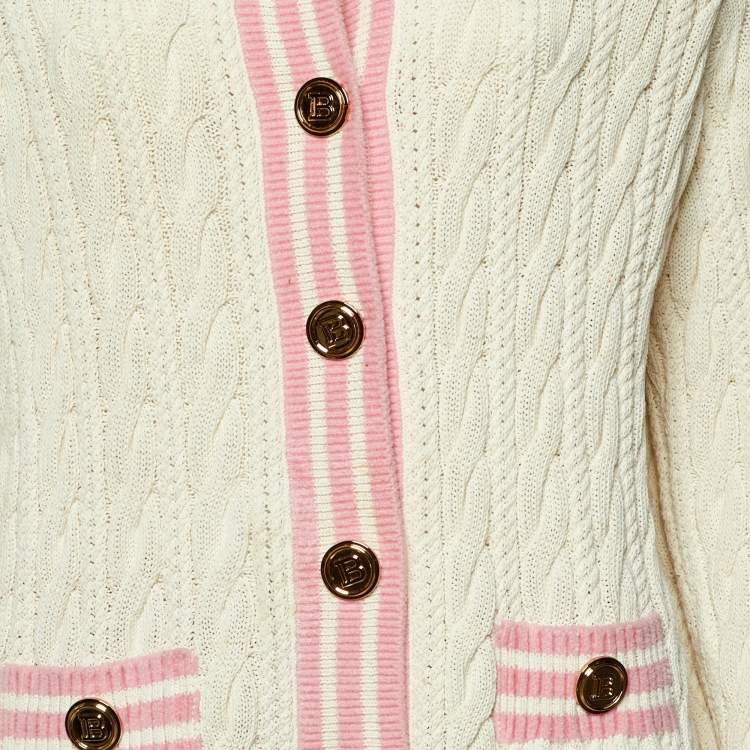 Pre Owned Balmain White Cable Knit Button Front Skirt & Cardigan Set L