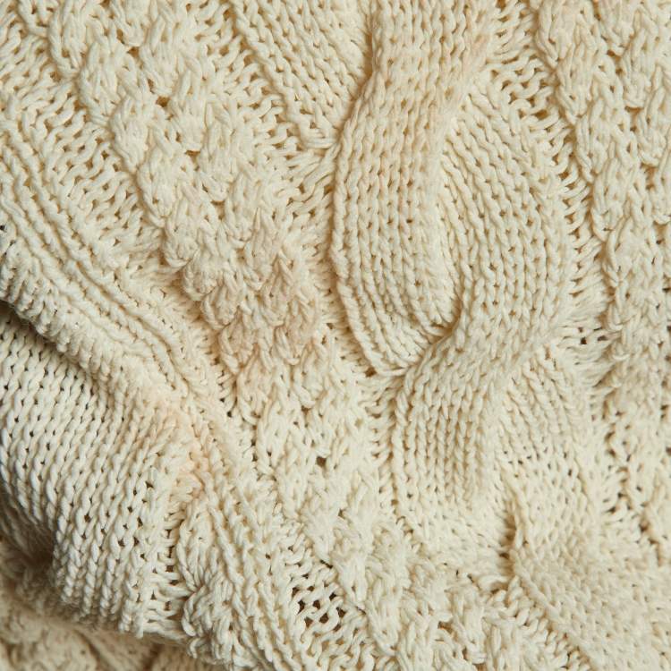 Pre Owned Balmain White Cable Knit Button Front Skirt & Cardigan Set L