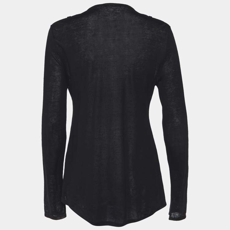 Pre Owned Balmain Black Linen Knit Button Detail Long Sleeve Top M