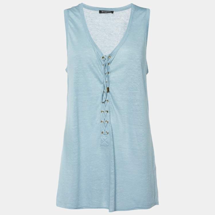 Pre Owned Balmain Navy Blue Cashmere Knit Lace-Up Tank Top M
