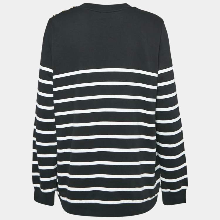 Pre Owned Balmain Black Striped Cotton Knit Crew Neck Sweatshirt L