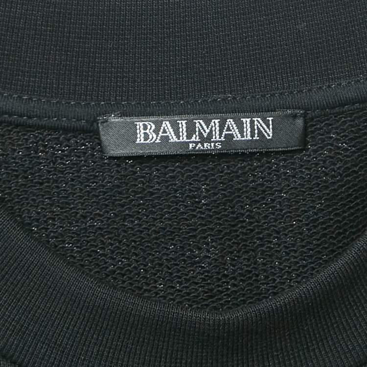 Pre Owned Balmain Black Striped Cotton Knit Crew Neck Sweatshirt L