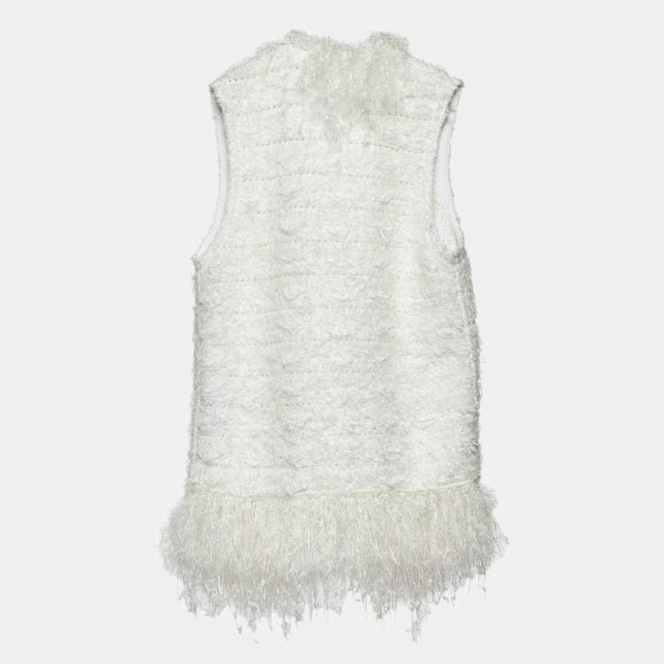 Pre Owned Balmain White Patterned Knit Fringed Open Front Cardigan M