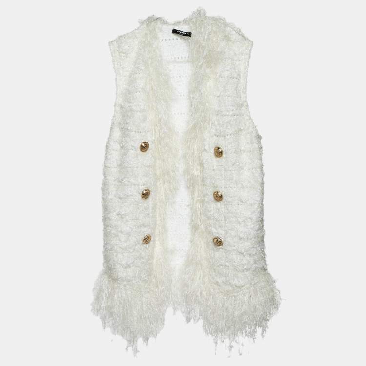 Pre Owned Balmain White Patterned Knit Fringed Open Front Cardigan M