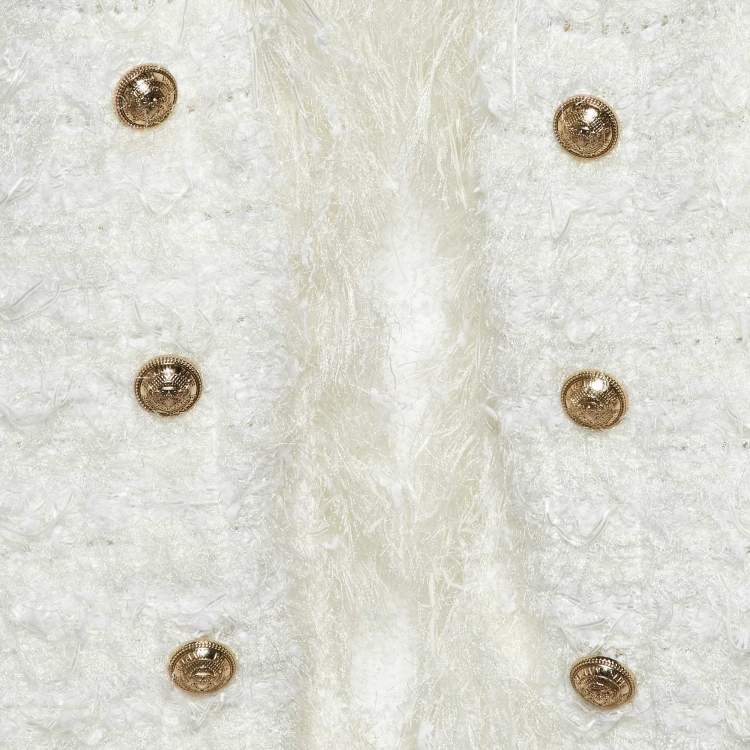 Pre Owned Balmain White Patterned Knit Fringed Open Front Cardigan M