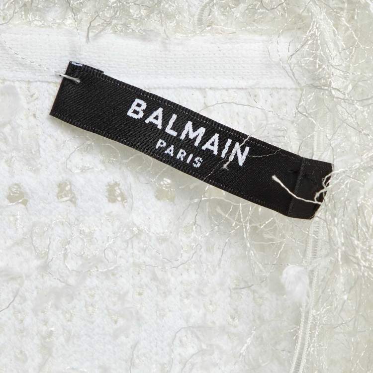 Pre Owned Balmain White Patterned Knit Fringed Open Front Cardigan M