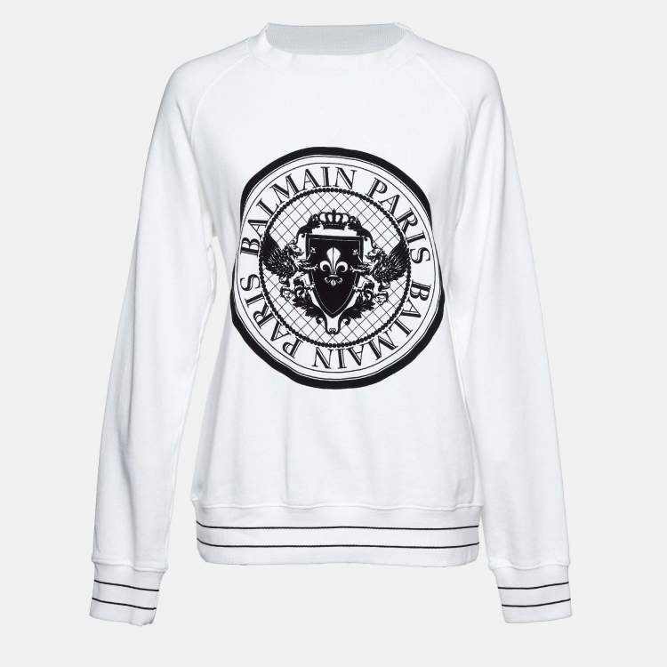 Balmain White Logo Flock Print Cotton Sweatshirt M Balmain TLC