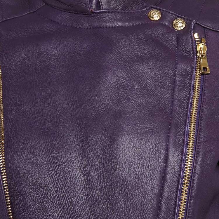 Pre Owned Balmain Purple Shearling Trim Leather Zipper Detail Jacket M
