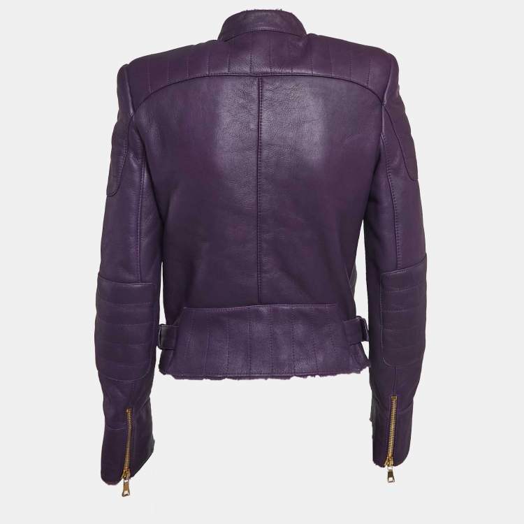 Pre Owned Balmain Purple Shearling Trim Leather Zipper Detail Jacket M