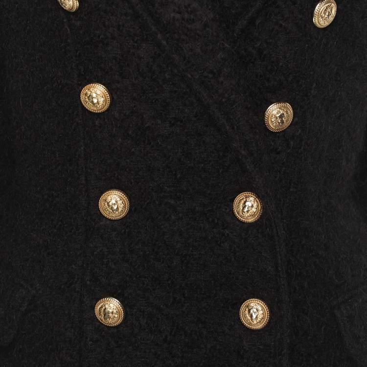 Pre Owned Balmain Black Mohair Wool Double Breasted Long Coat L