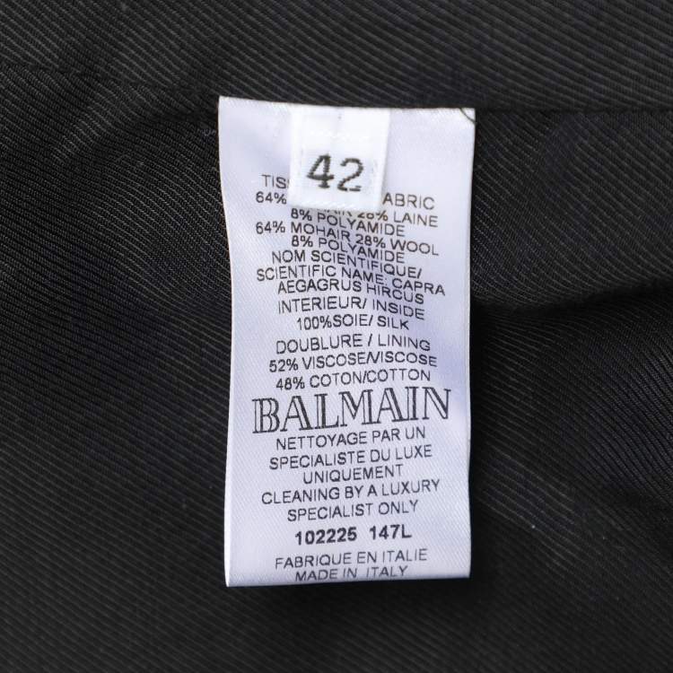 Pre Owned Balmain Black Mohair Wool Double Breasted Long Coat L