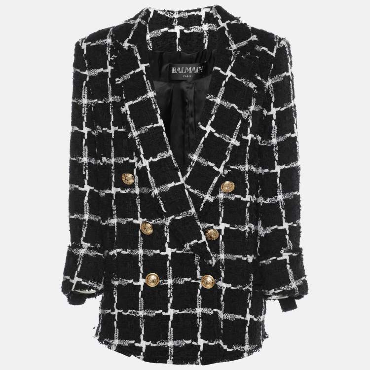 Pre Owned Balmain Black/White Tweed Double Breasted Blazer L