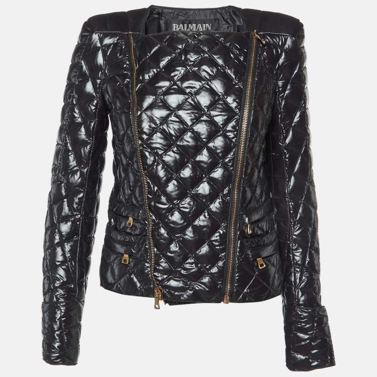 Pre Owned Balmain Black Nylon Zip-Up Quilted Down Jacket M
