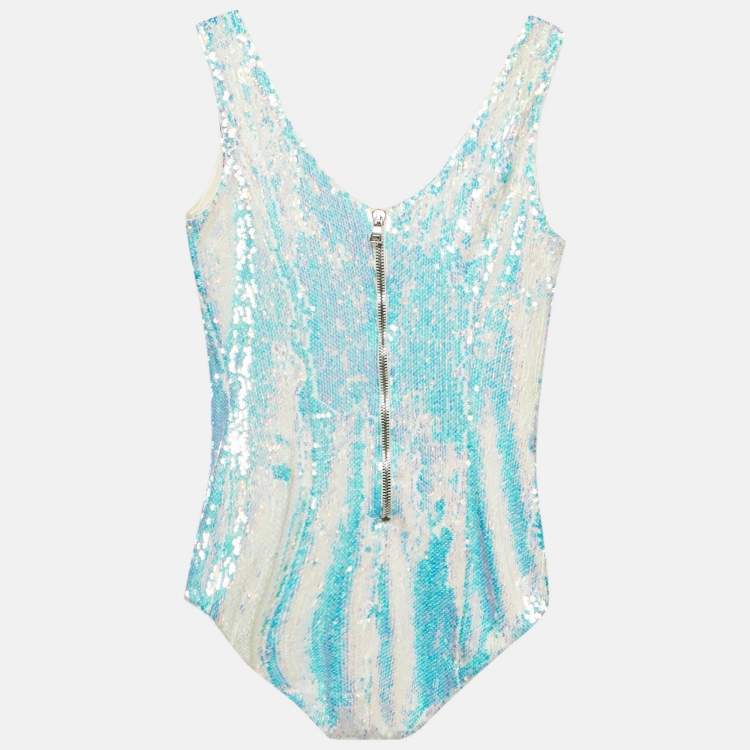 Pre Owned Balmain Metallic Blue Sequin Sleeveless Bodysuit M