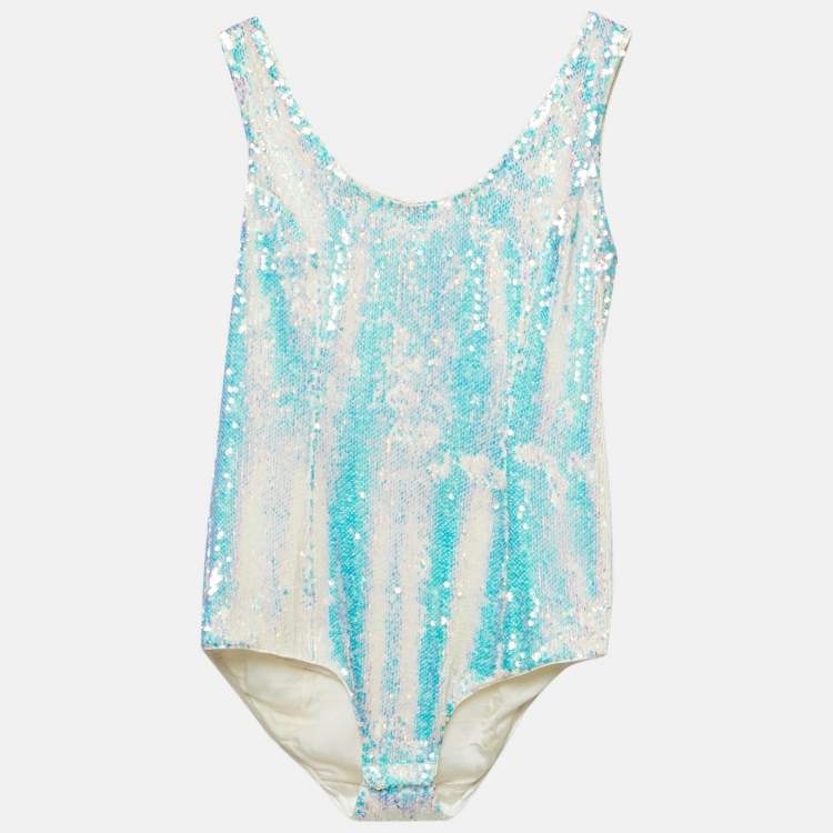 Pre Owned Balmain Metallic Blue Sequin Sleeveless Bodysuit M