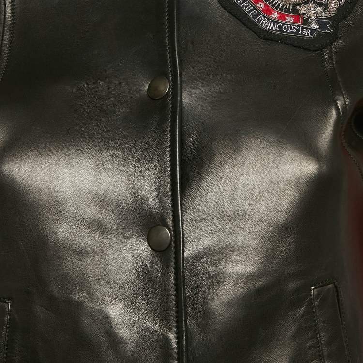 Pre Owned Balmain Black/Red Leather Applique Detail Bomber Jacket M