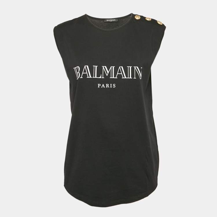 Pre Owned Balmain Black Logo Print Jersey Button Detail Tank Top S