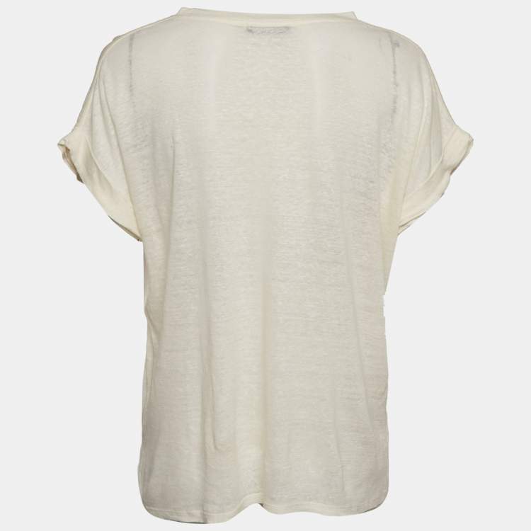 Pre Owned Balmain Cream Linen Knit Short Sleeve Top L