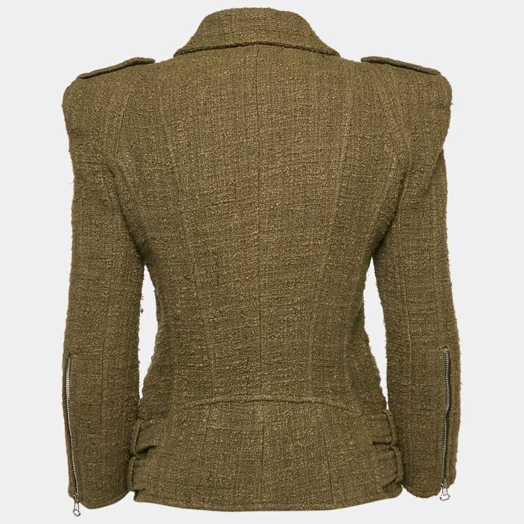 Pre Owned Balmain Olive Green Tweed Zipper Detail Jacket M