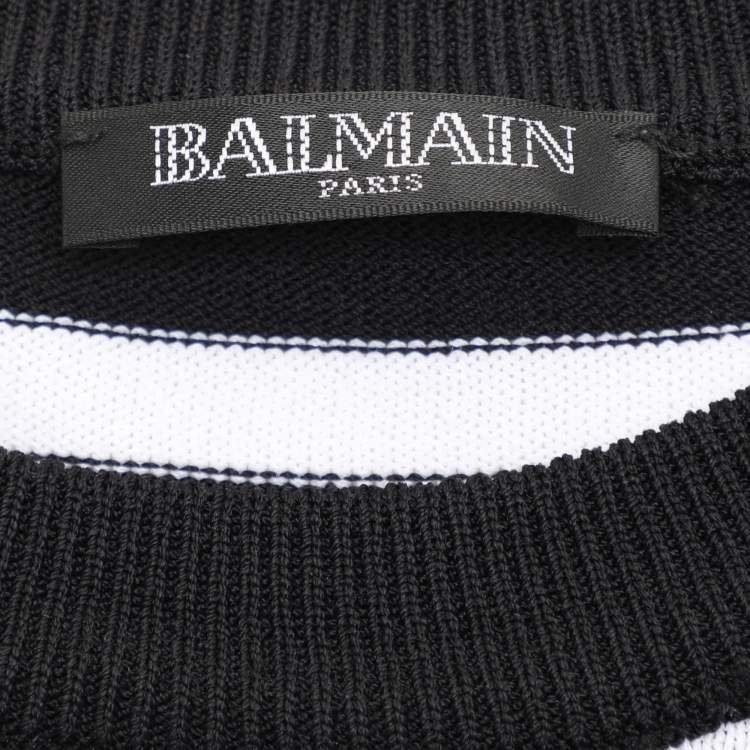 Pre Owned Balmain Black/White Striped Knit Fabric Crew Neck Sweater M