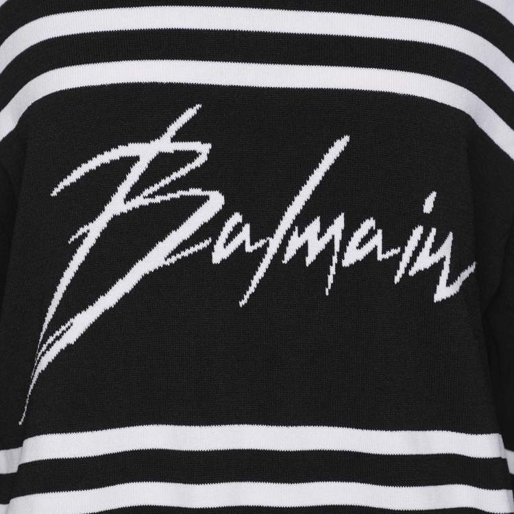 Pre Owned Balmain Black/White Striped Knit Fabric Crew Neck Sweater M