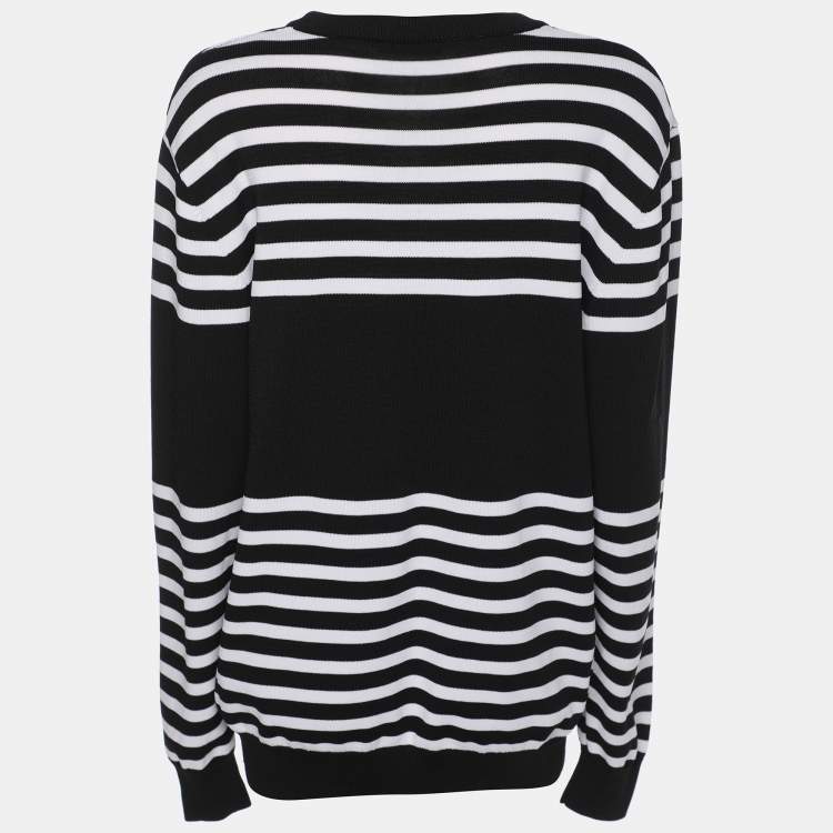 Pre Owned Balmain Black/White Striped Knit Fabric Crew Neck Sweater M