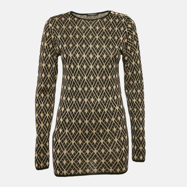 Pre Owned Balmain Black/Gold Patterned Lurex Knit Jumper M