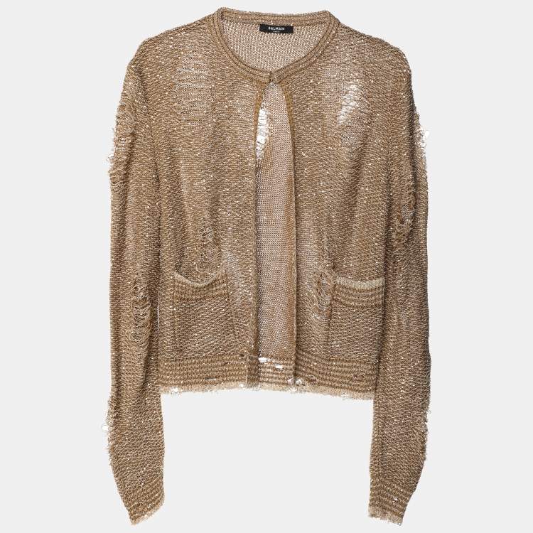 Pre Owned Balmain Brown Distressed Knitted Sequin Embellished Cardigan M