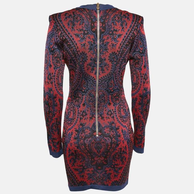 Pre Owned Balmain Red/Blue Paisley Knit Lace-Up Mini Dress M