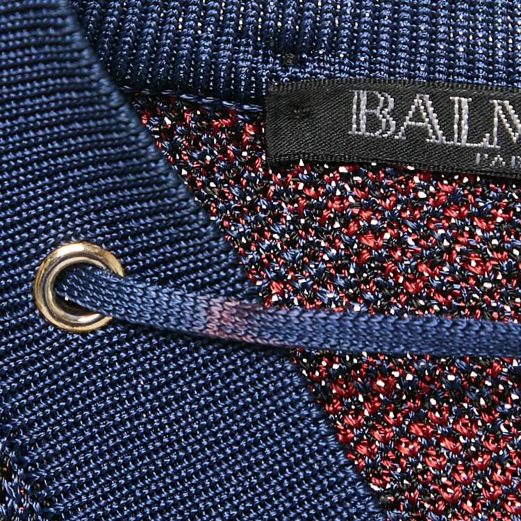 Pre Owned Balmain Red/Blue Paisley Knit Lace-Up Mini Dress M